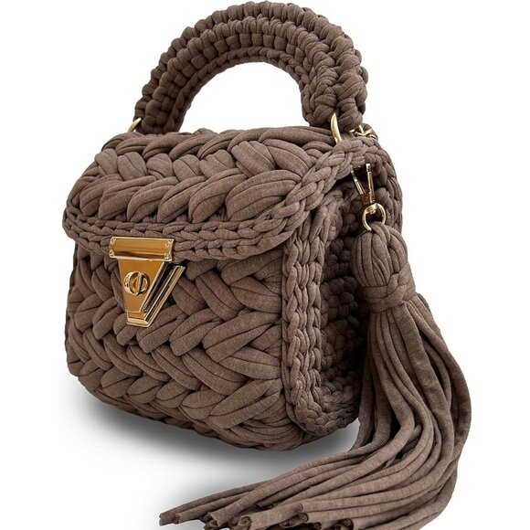 Women's Grey Handmade Crochet Evening Small Formal Flap Crossbody Clutch Bag - Picture 3 of 6